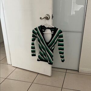 Striped V-Neck Sweater - Green and Black